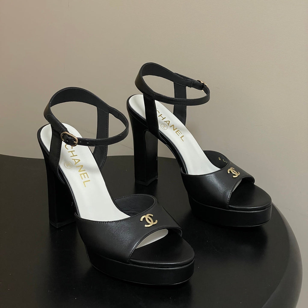 CC 26SS Platform Sandals 120mm Black Double C Sheepskin 632572