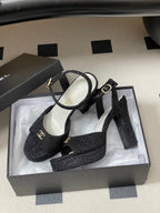 CC 26SS Platform Sandals 120mm Black Double C Tweed 632570
