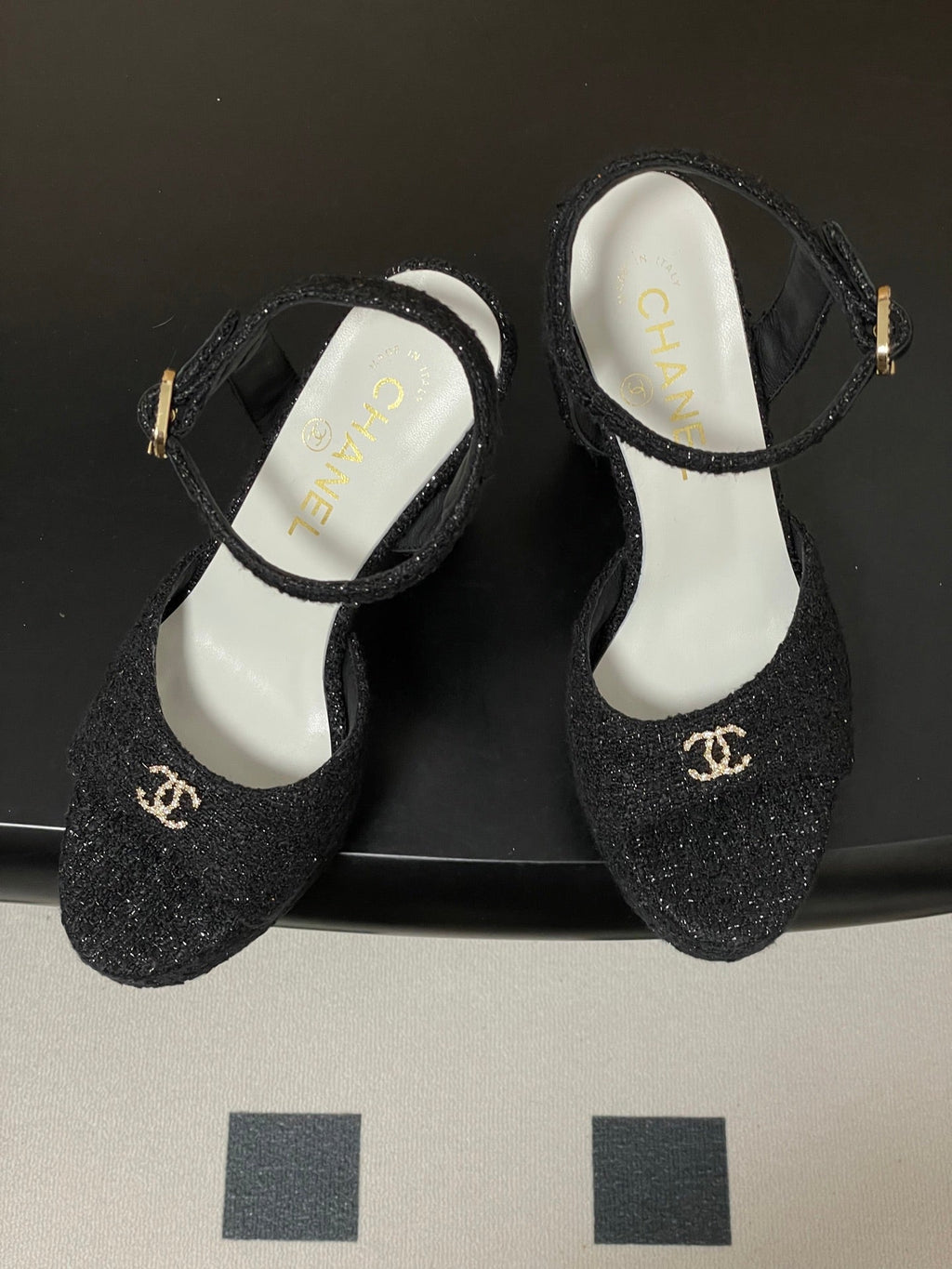 CC 26SS Platform Sandals 120mm Black Double C Tweed 632570