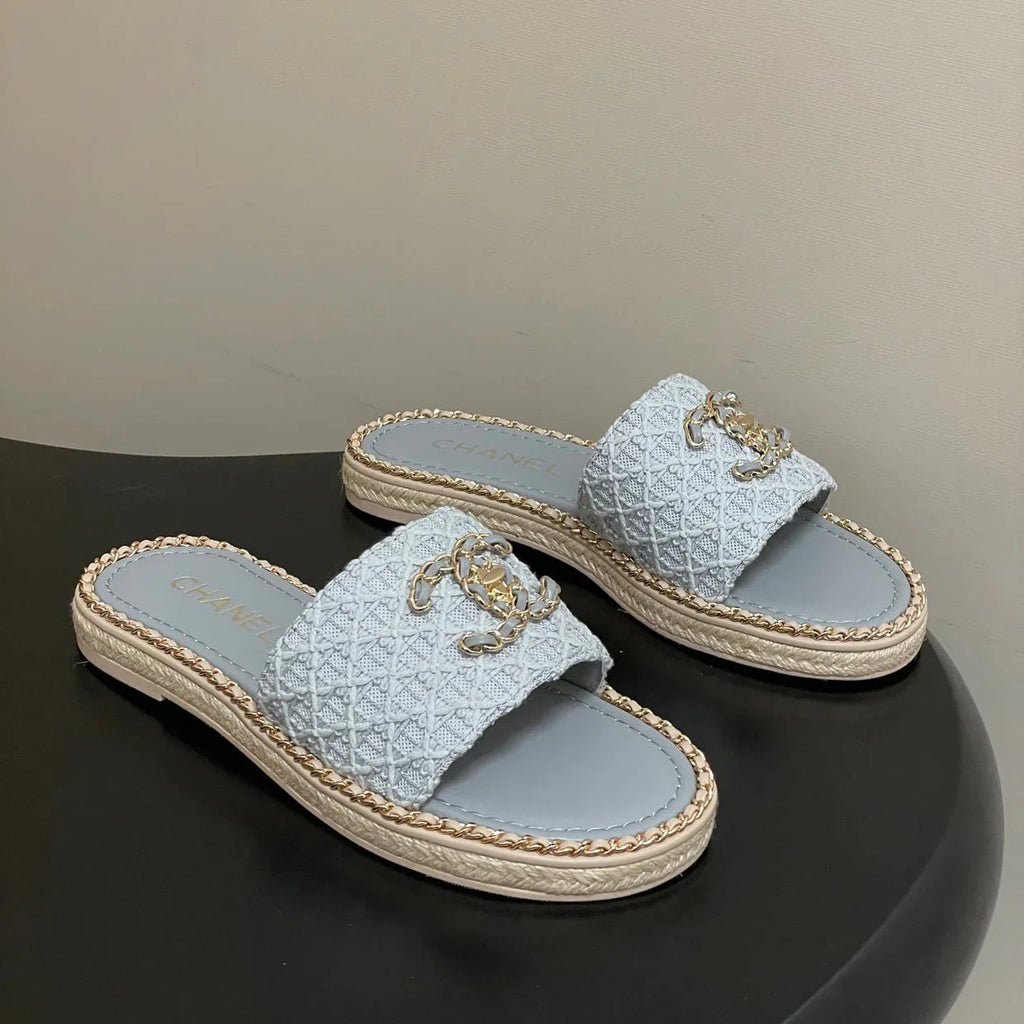 CC 26s Flat Slippers Gray Gold Fabric Sheepskin 649483