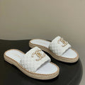 CC 26s Flat Slippers White Gold Fabric Sheepskin 649486