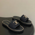 CC 26s Flat Slippers Black Gold Fabric Sheepskin 649487