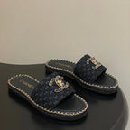CC 26s Flat Slippers Black Gold Fabric Sheepskin 649487