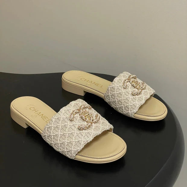 CC 26s Flat Slippers Beige Fabric Sheepskin 649490