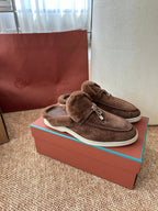 Loro Piana Charms Walk Flat Mules Chocolate Suede Fur 623529