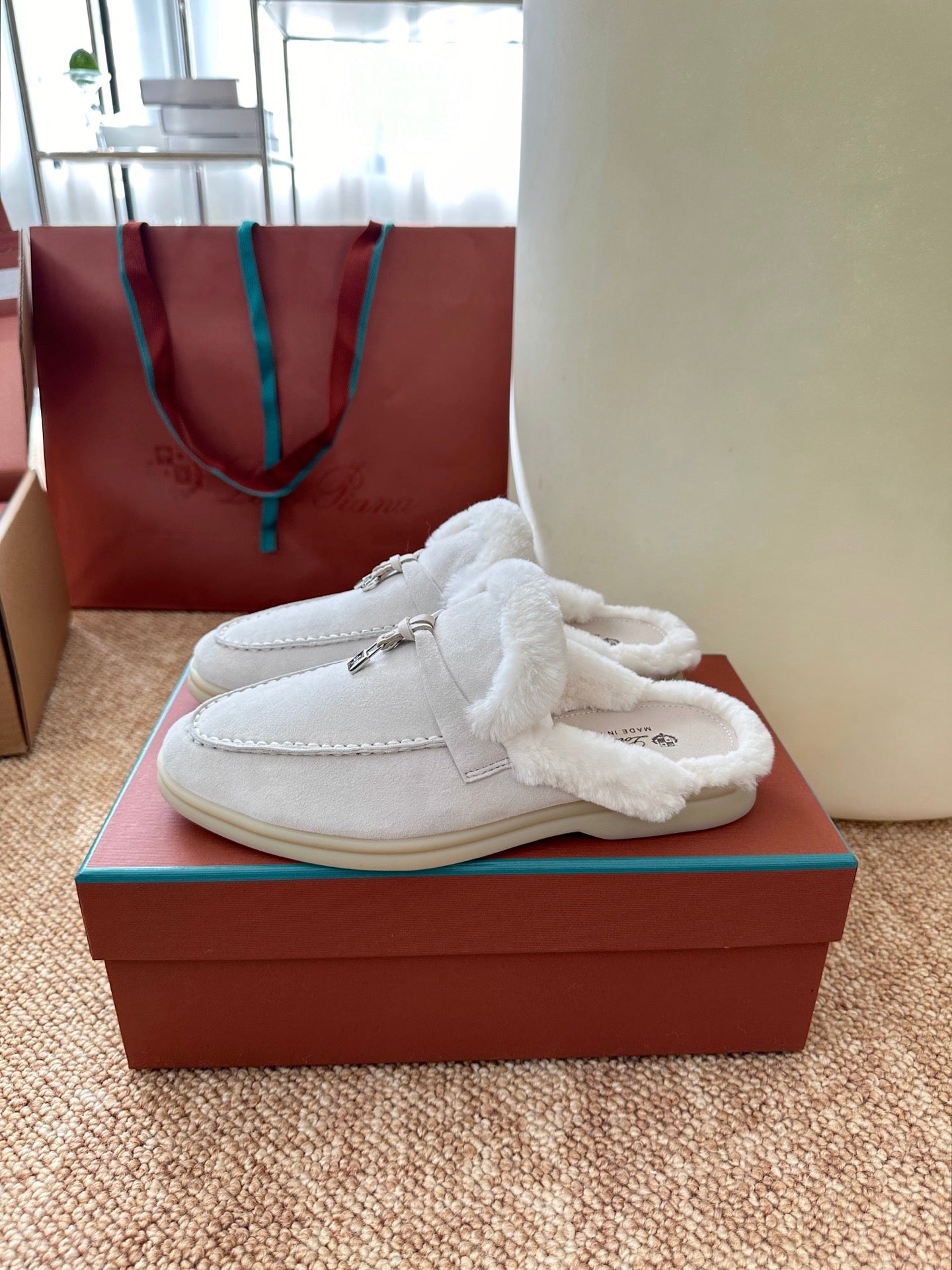 Loro Piana Charms Walk Flat Mules Grey Suede Fur 623531
