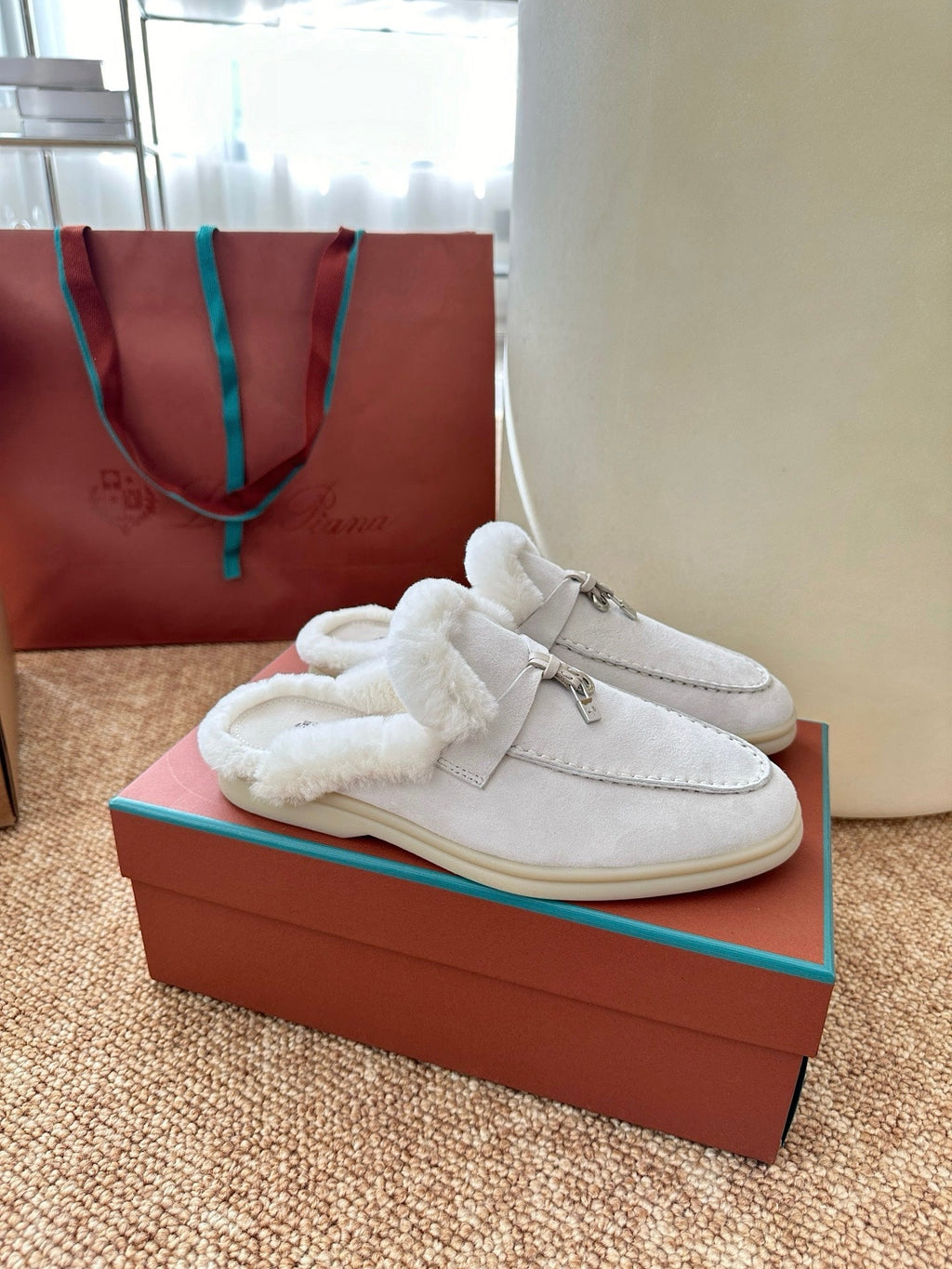 Loro Piana Charms Walk Flat Mules Grey Suede Fur 623531