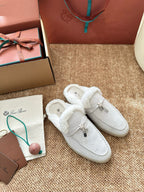 Loro Piana Charms Walk Flat Mules Grey Suede Fur 623531