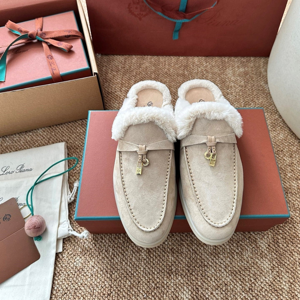 Loro Piana Charms Walk Flat Mules Apricot Suede Fur 623530