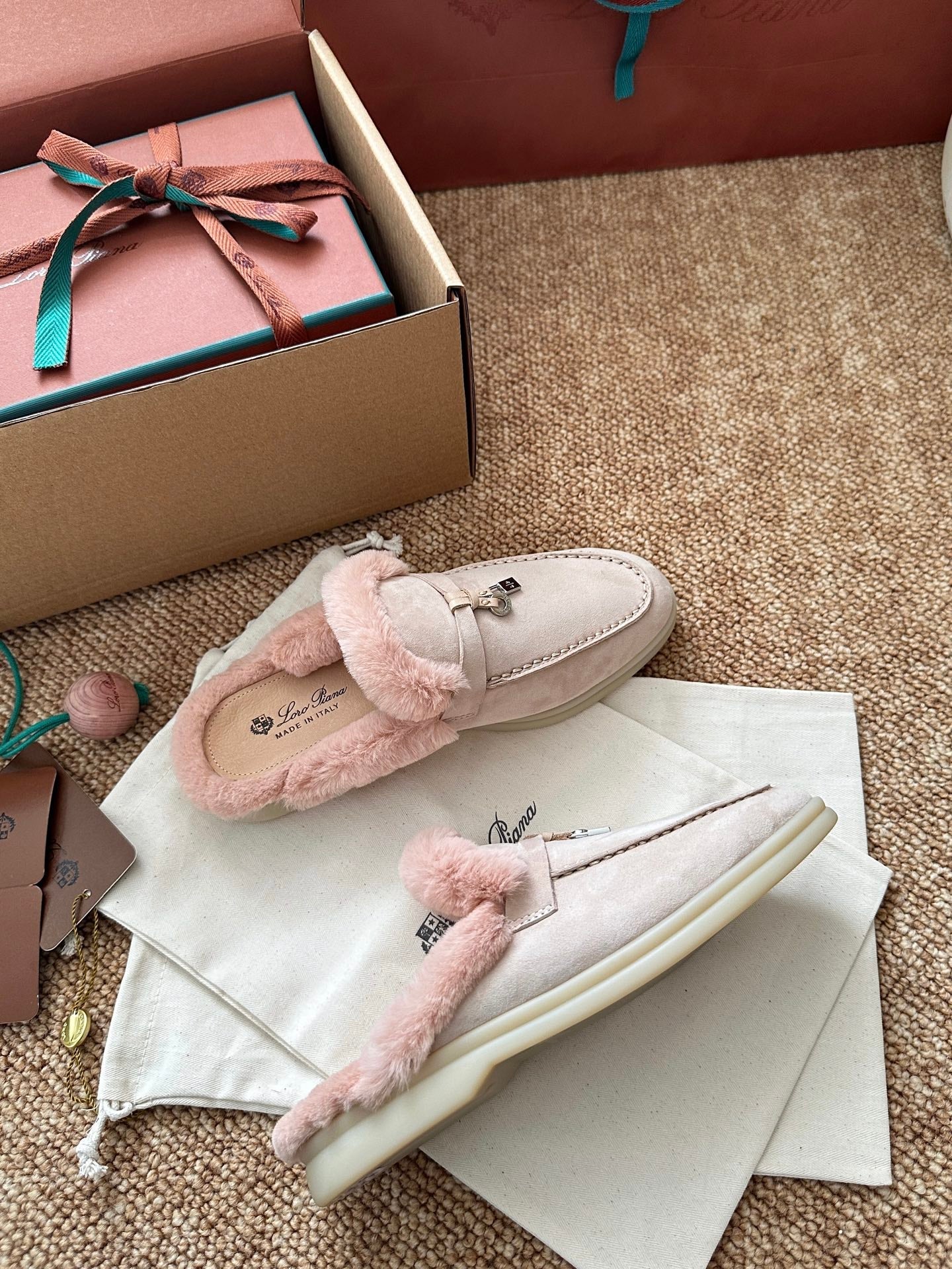 Loro Piana Charms Walk Flat Mules Light Pink Suede Fur 623533