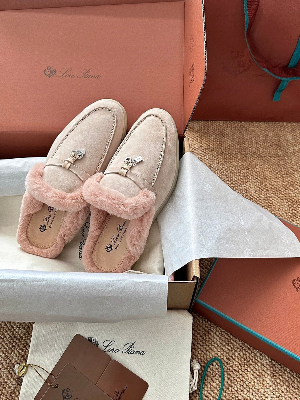 Loro Piana Charms Walk Flat Mules Light Pink Suede Fur 623533
