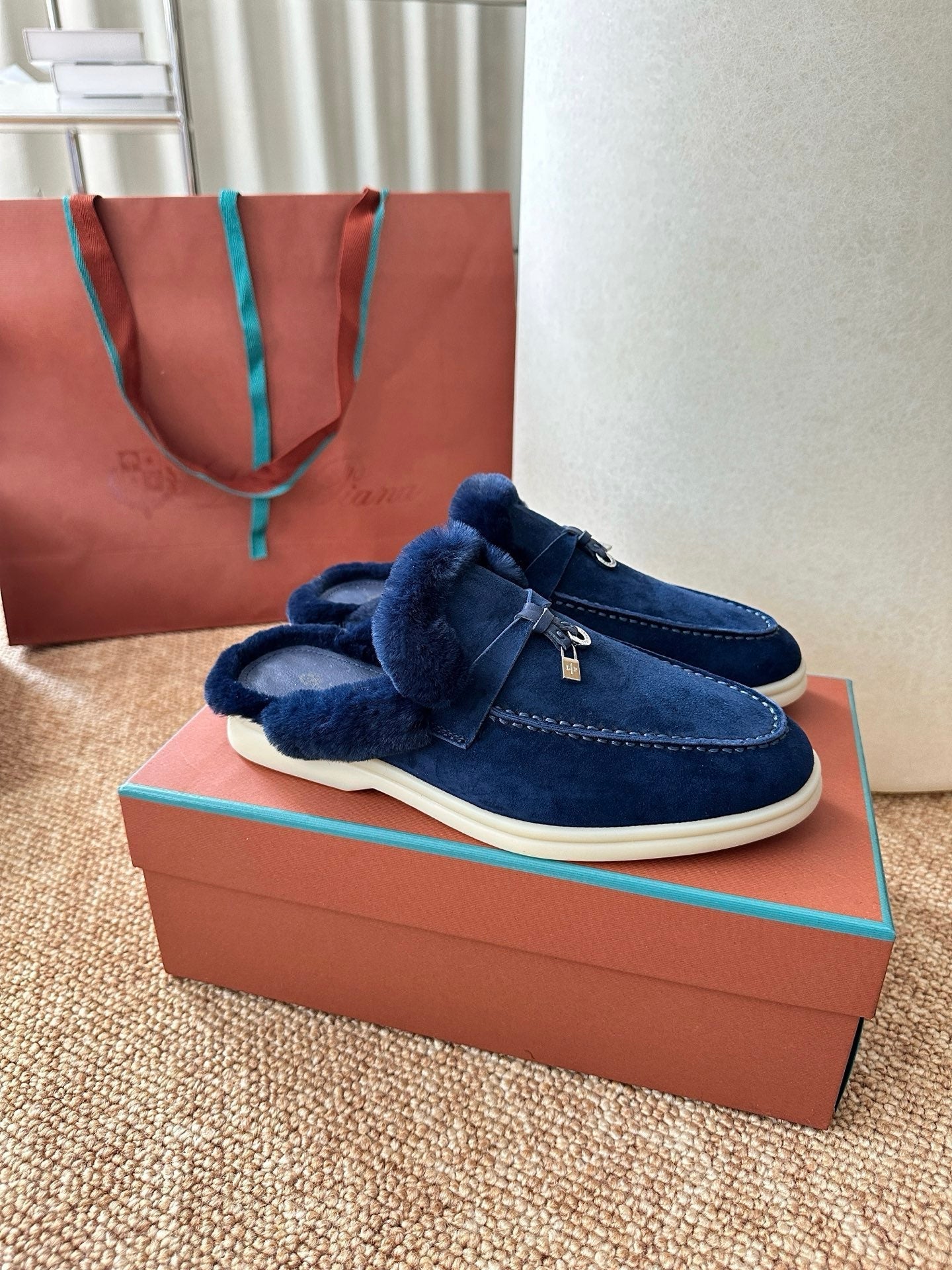 Loro Piana Charms Walk Flat Mules Dark Blue Suede Fur 623532