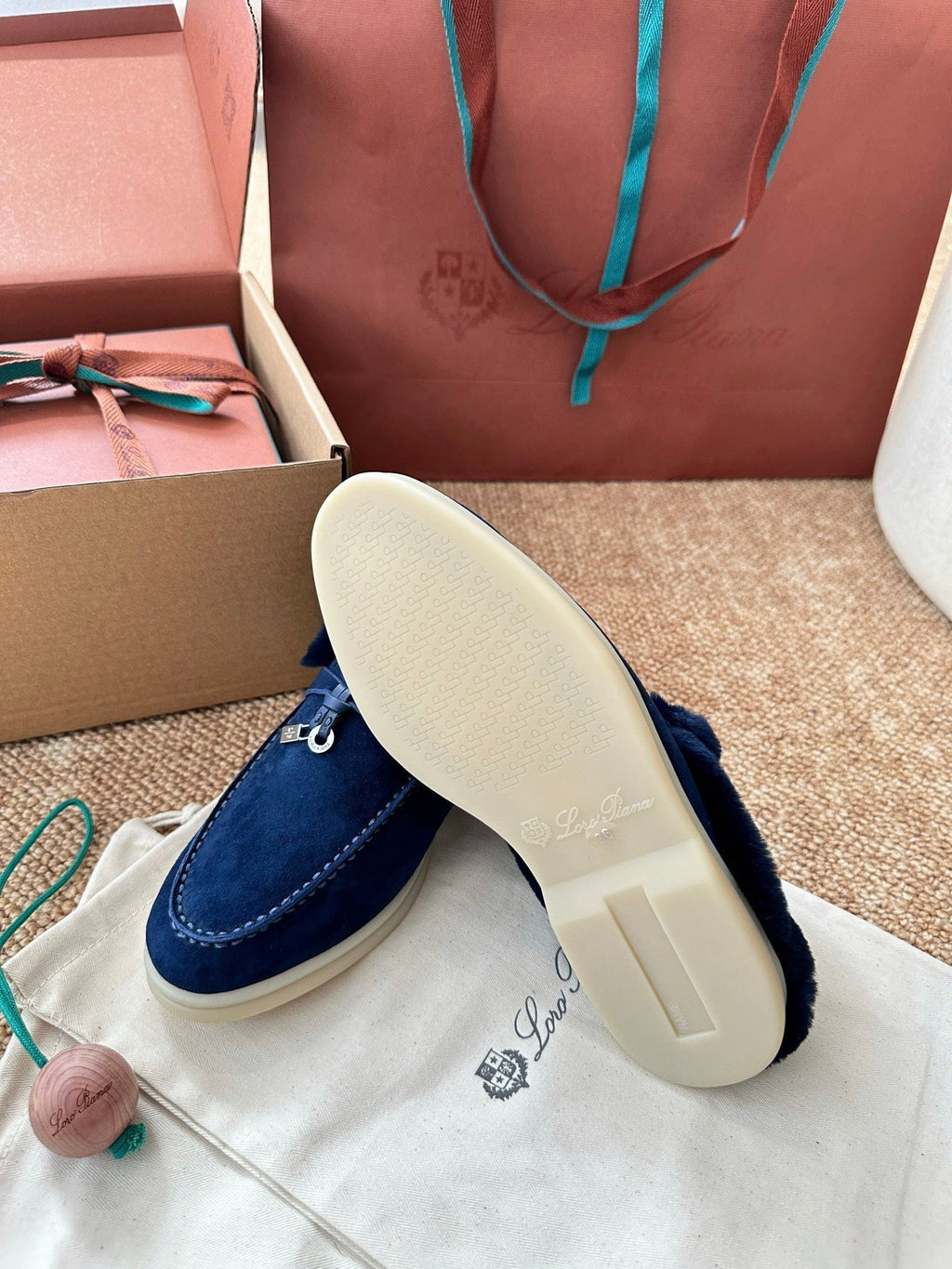 Loro Piana Charms Walk Flat Mules Dark Blue Suede Fur 623532