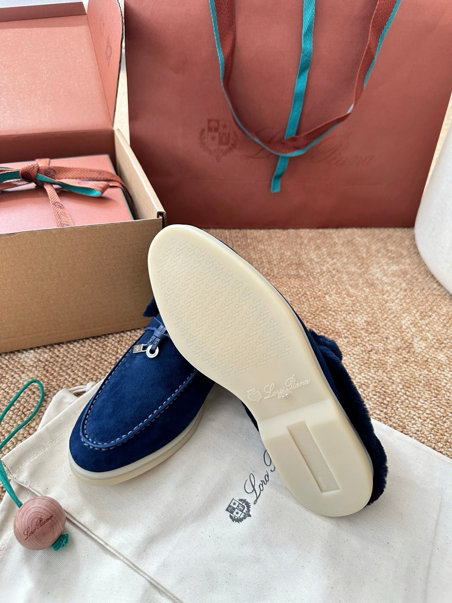 Loro Piana Charms Walk Flat Mules Dark Blue Suede Fur 623532