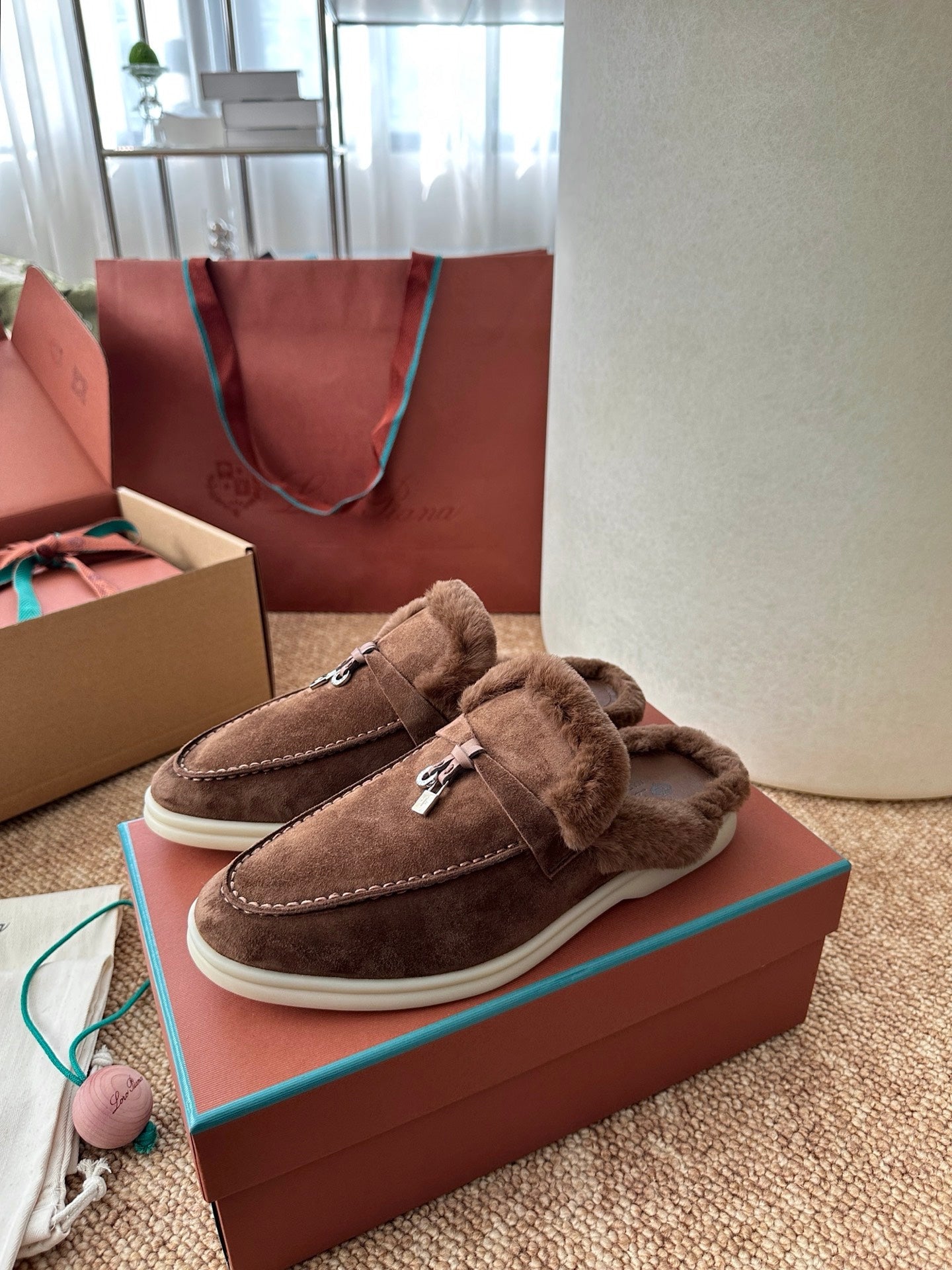 Loro Piana Charms Walk Flat Mules Chocolate Suede Fur 623529