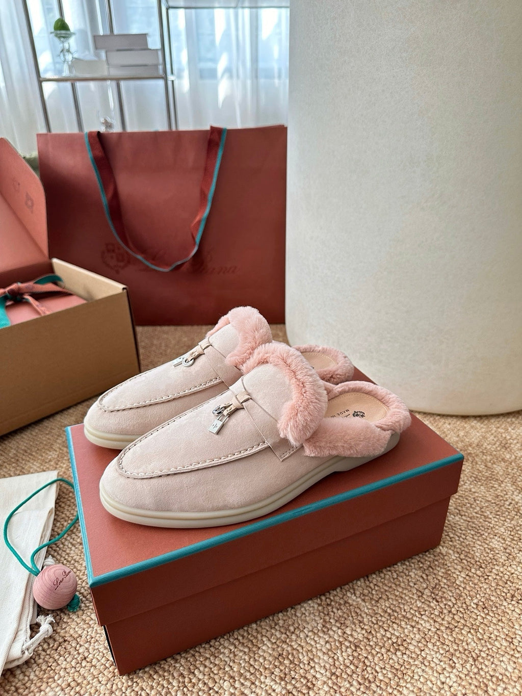 Loro Piana Charms Walk Flat Mules Light Pink Suede Fur 623533