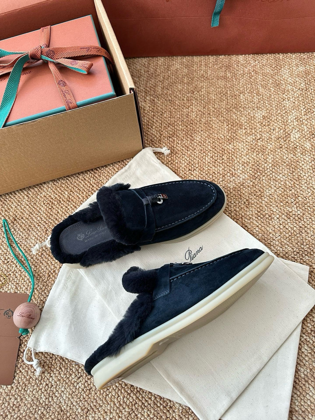 Loro Piana Charms Walk Flat Mules Deep Blue Suede Fur 623535