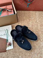 Loro Piana Charms Walk Flat Mules Deep Blue Suede Fur 623535