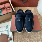 Loro Piana Charms Walk Flat Mules Deep Blue Suede Fur 623535