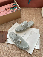 Loro Piana Charms Walk Flat Mules Targan Green Suede 623545