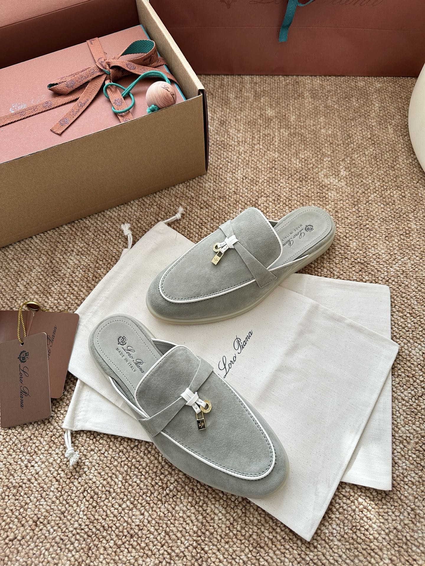 Loro Piana Charms Walk Flat Mules Targan Green Suede 623545
