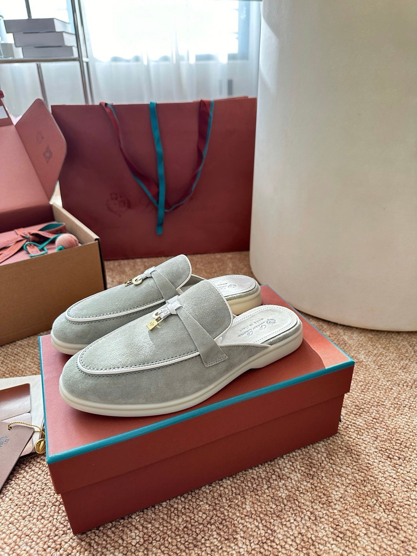 Loro Piana Charms Walk Flat Mules Targan Green Suede 623545