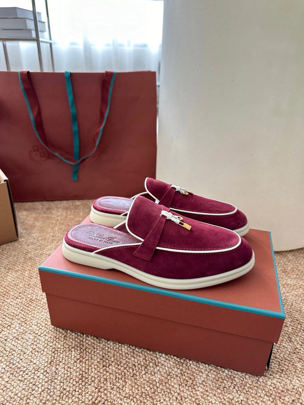 Loro Piana Charms Walk Flat Mules Burgundy Suede 623547