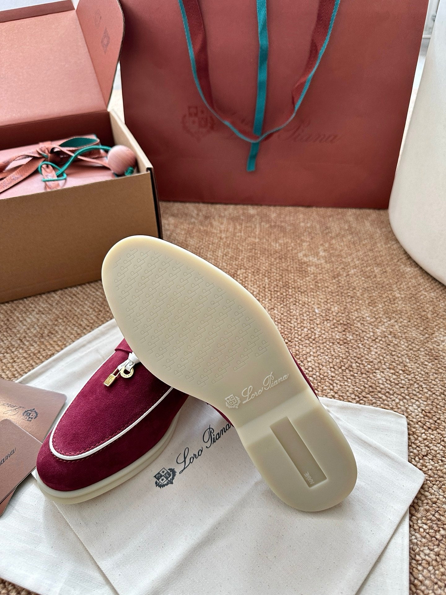 Loro Piana Charms Walk Flat Mules Burgundy Suede 623547