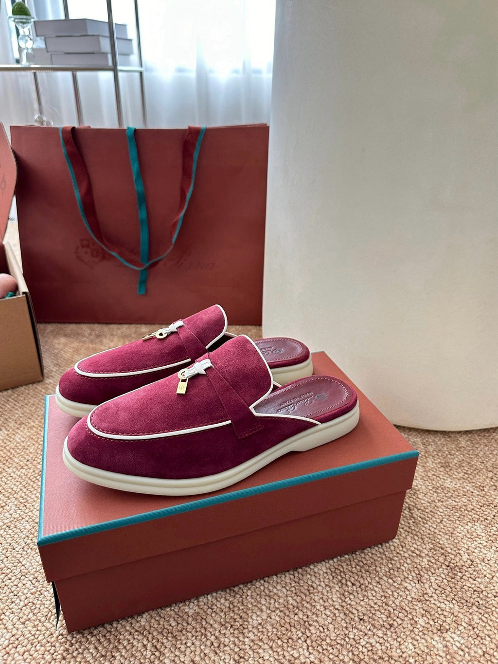 Loro Piana Charms Walk Flat Mules Burgundy Suede 623547