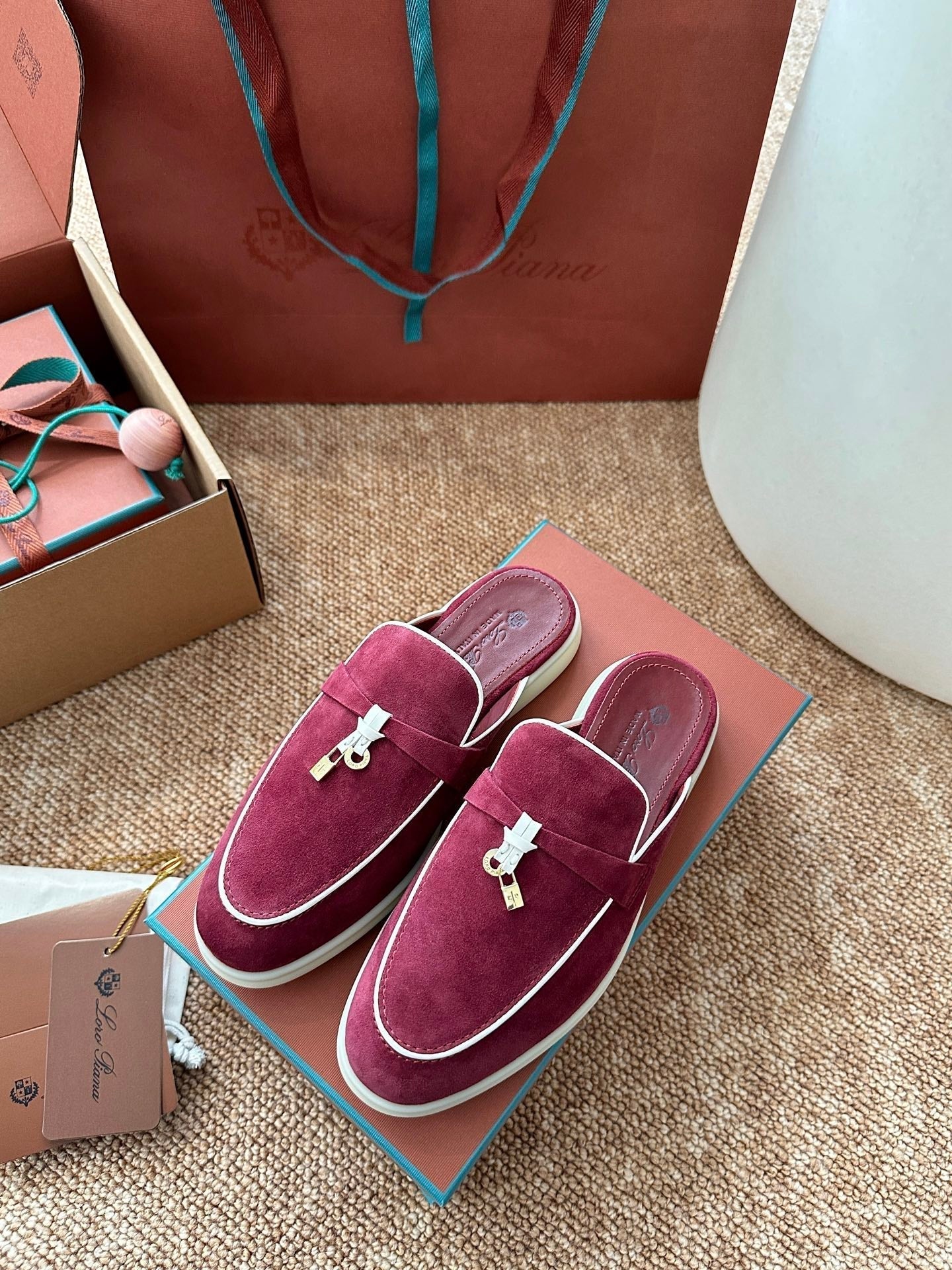 Loro Piana Charms Walk Flat Mules Burgundy Suede 623547