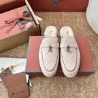 Loro Piana Charms Walk Flat Mules Pale PInk Suede 623548