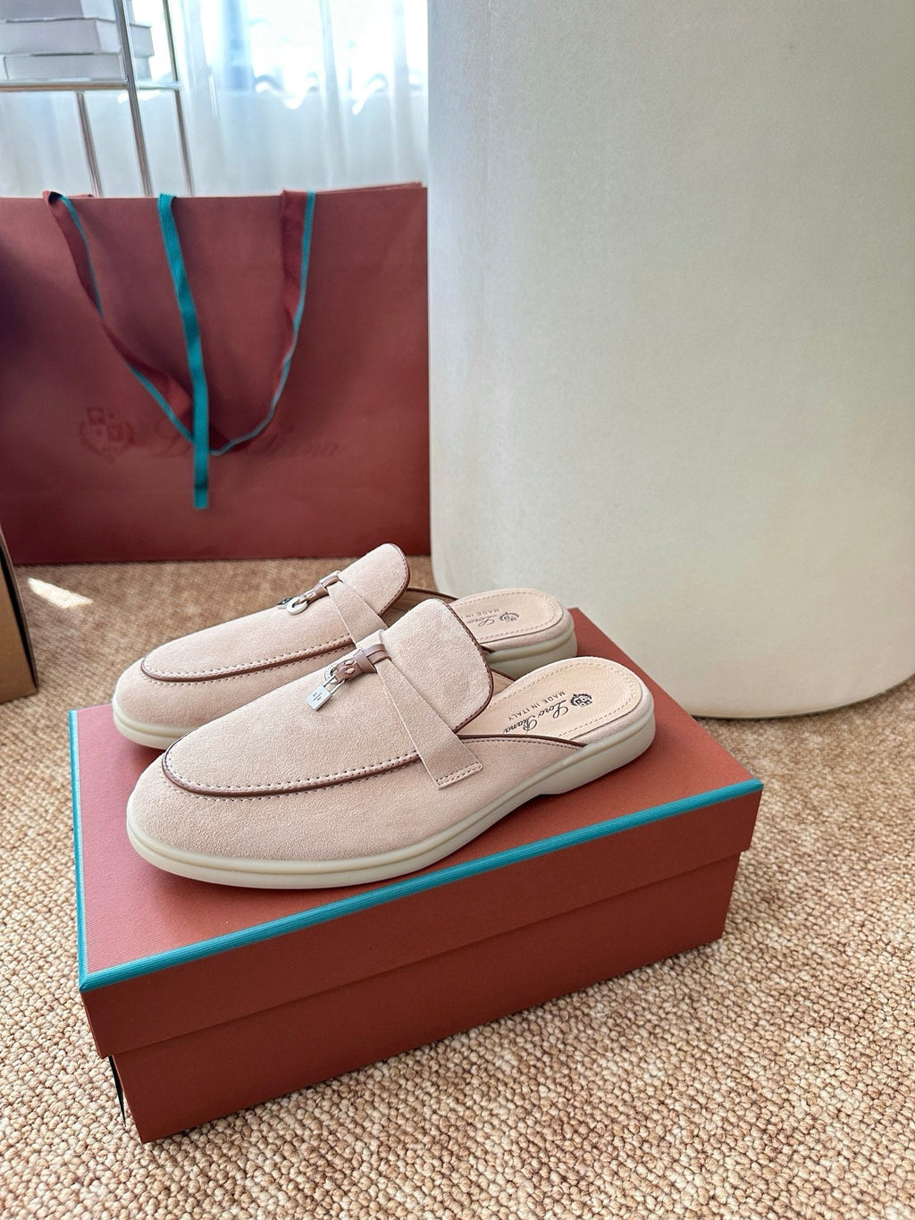 Loro Piana Charms Walk Flat Mules Pale PInk Suede 623548
