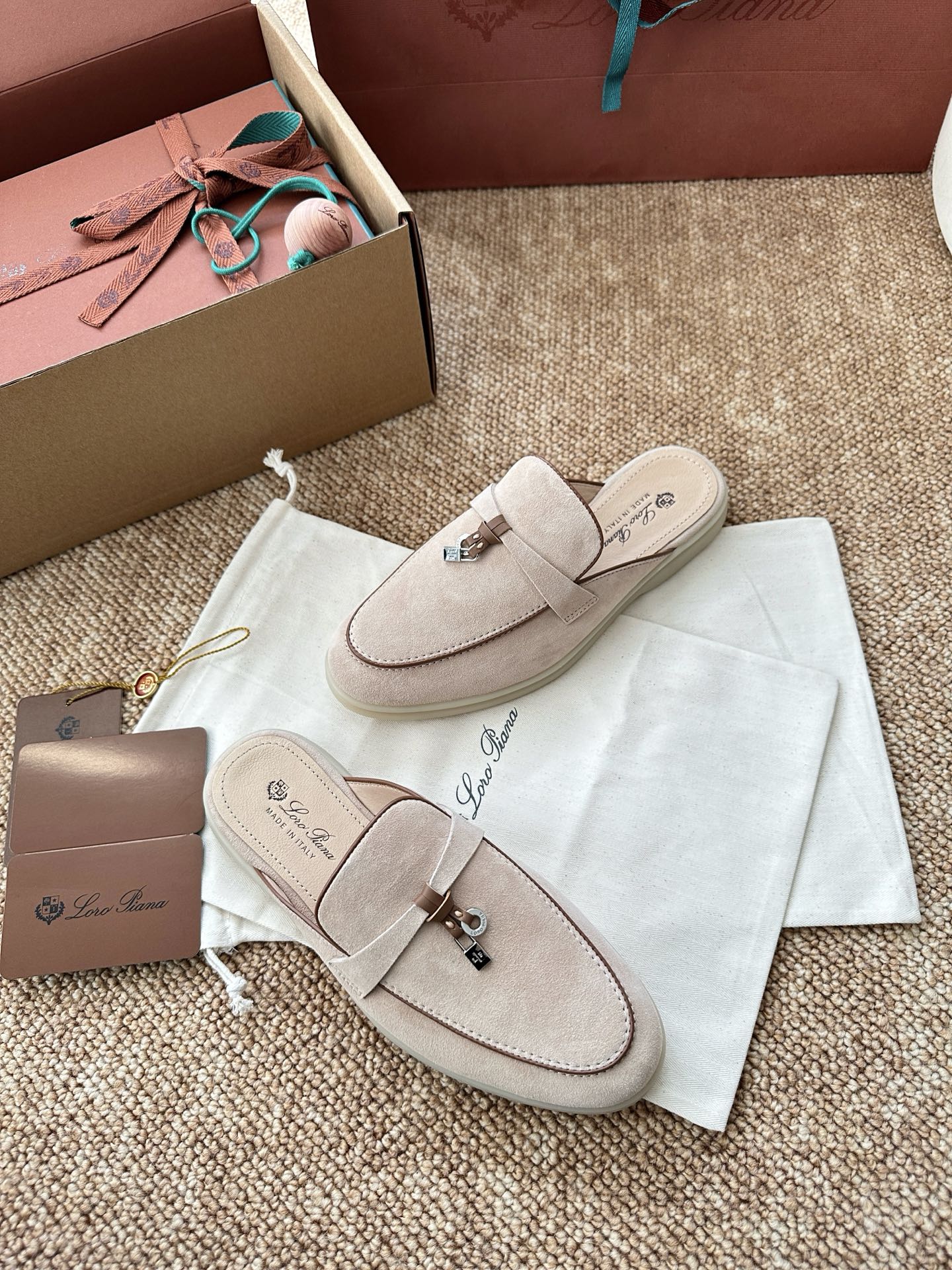 Loro Piana Charms Walk Flat Mules Pale PInk Suede 623548