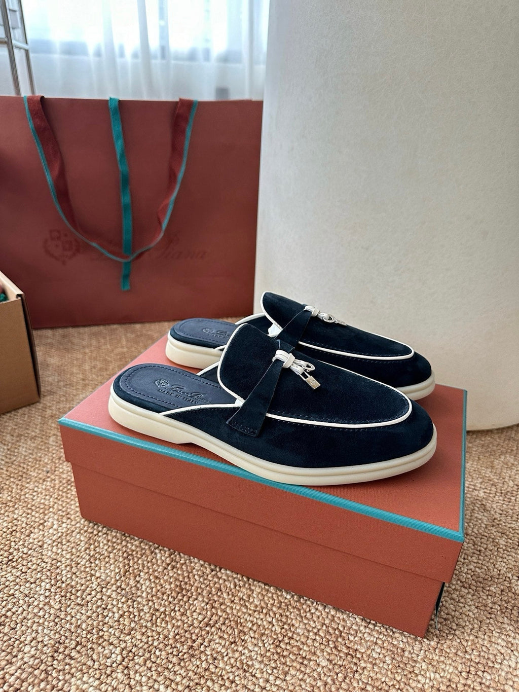 Loro Piana Charms Walk Flat Mules Deep Blue Suede 623550