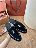 Loro Piana Charms Walk Flat Mules Deep Blue Suede 623550