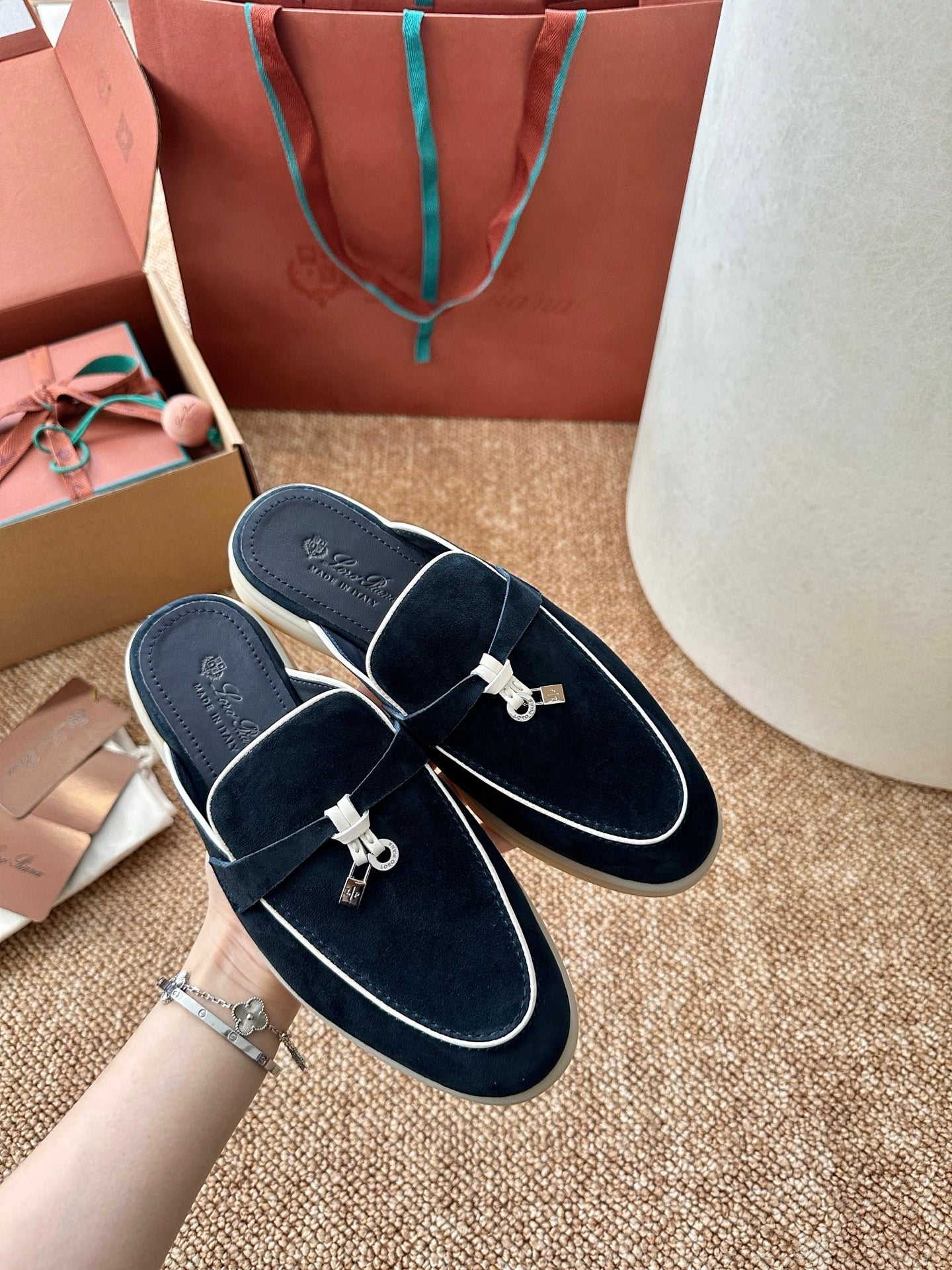 Loro Piana Charms Walk Flat Mules Deep Blue Suede 623550