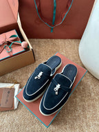 Loro Piana Charms Walk Flat Mules Deep Blue Suede 623550