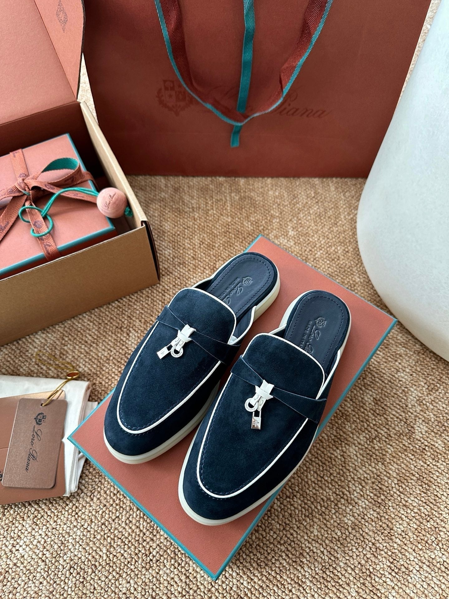 Loro Piana Charms Walk Flat Mules Deep Blue Suede 623550