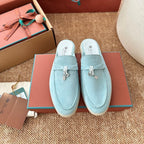 Loro Piana Charms Walk Flat Mules Pale Blue Suede 623551