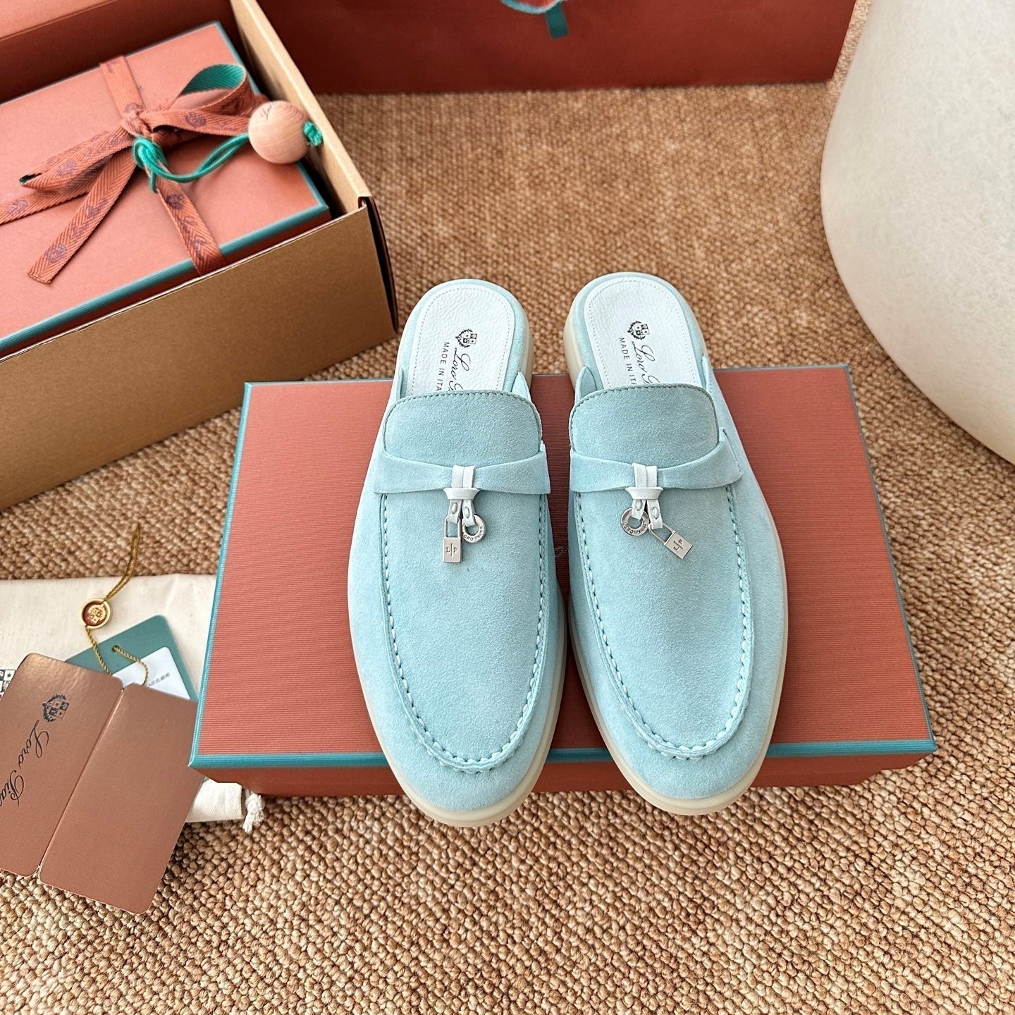 Loro Piana Charms Walk Flat Mules Pale Blue Suede 623551