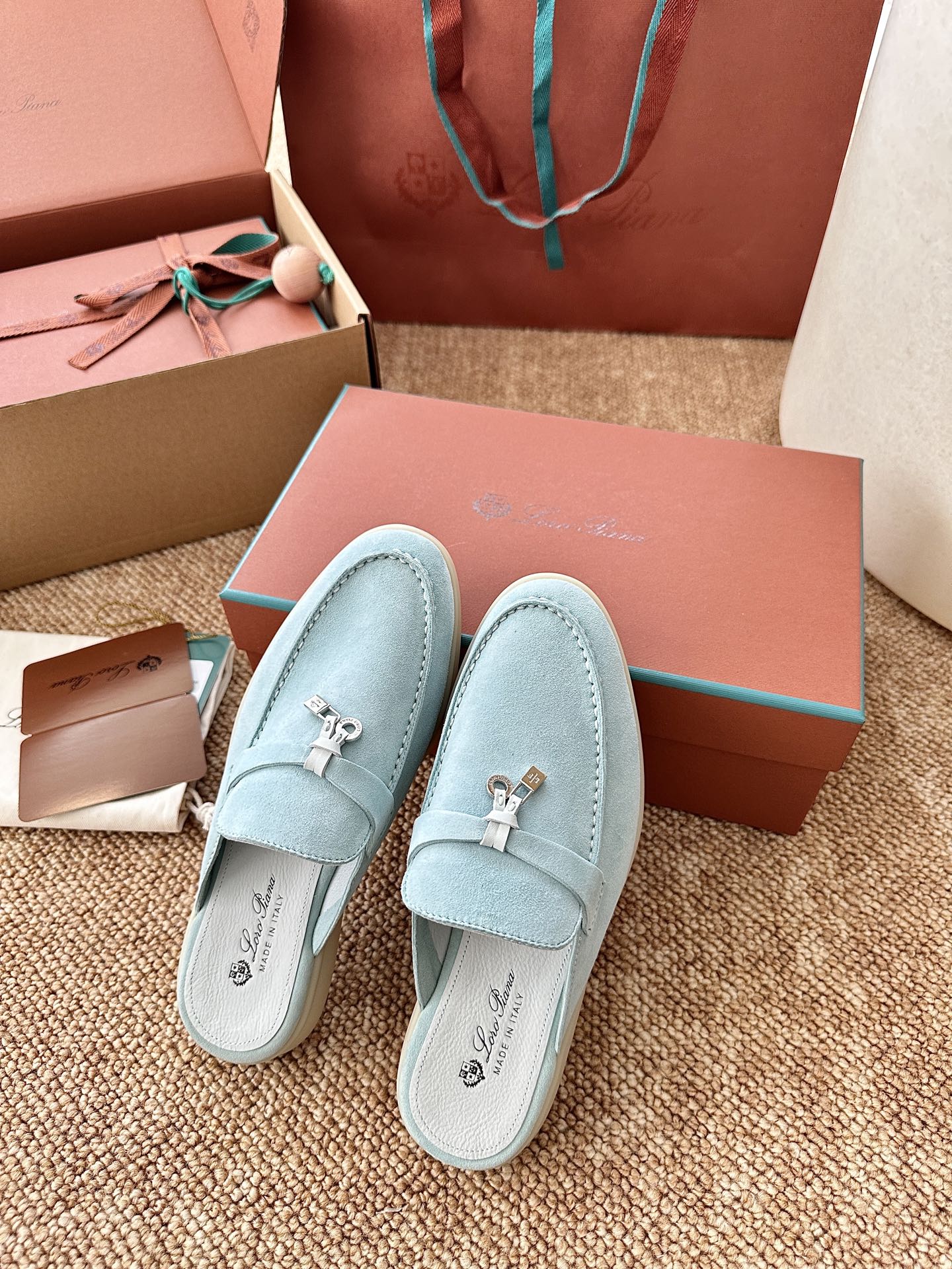 Loro Piana Charms Walk Flat Mules Pale Blue Suede 623551