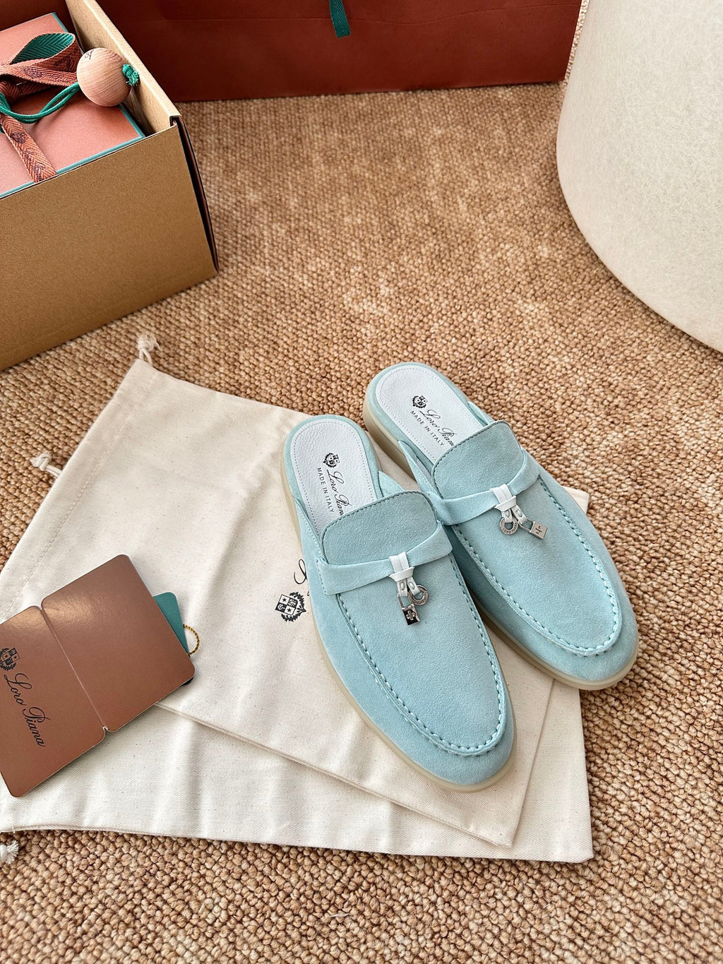 Loro Piana Charms Walk Flat Mules Pale Blue Suede 623551