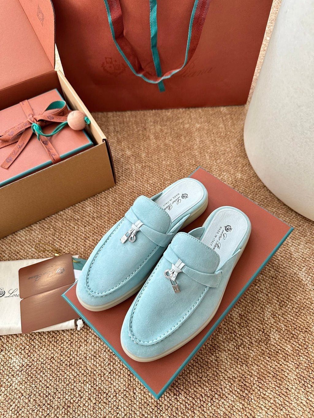 Loro Piana Charms Walk Flat Mules Pale Blue Suede 623551