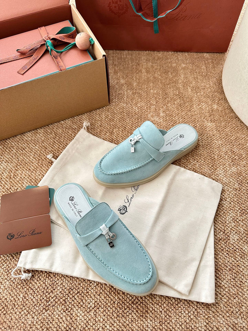 Loro Piana Charms Walk Flat Mules Pale Blue Suede 623551
