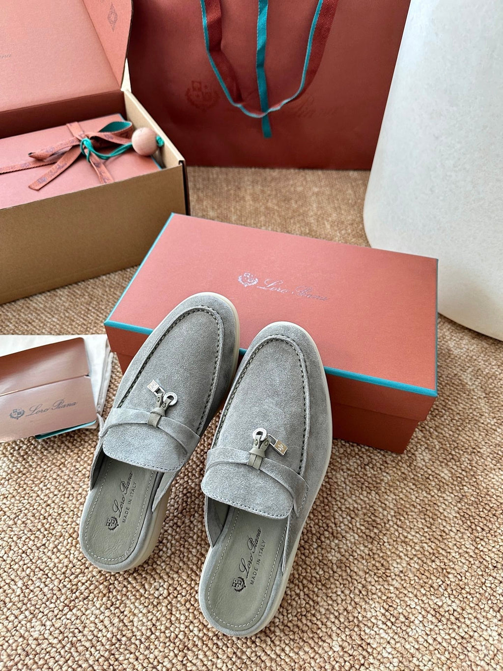 Loro Piana Charms Walk Flat Mules Gray-Green Suede 623552