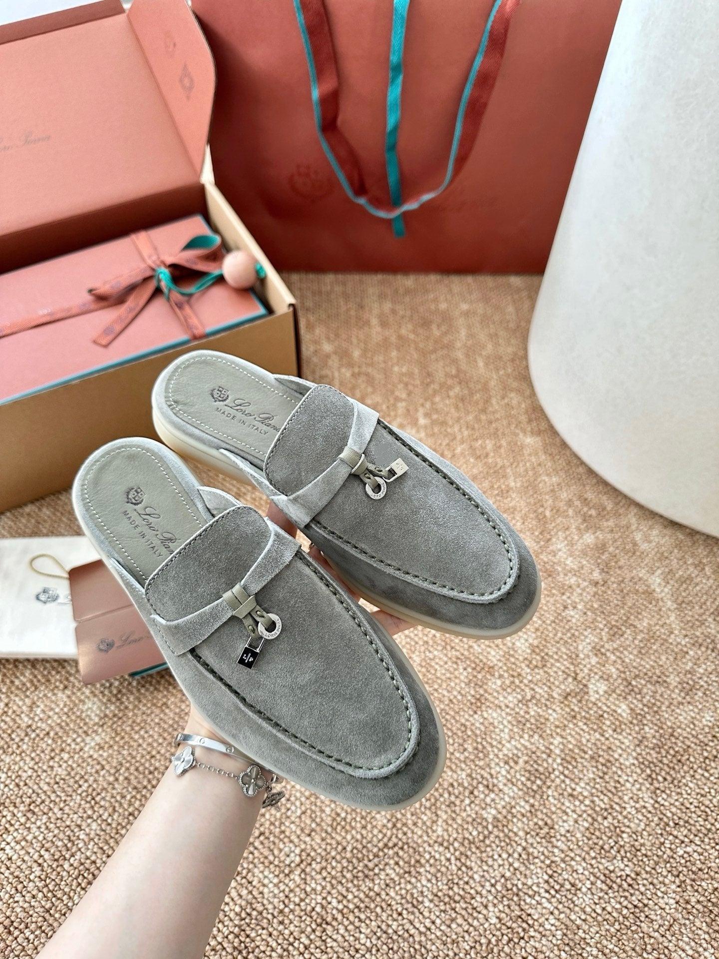 Loro Piana Charms Walk Flat Mules Gray-Green Suede 623552