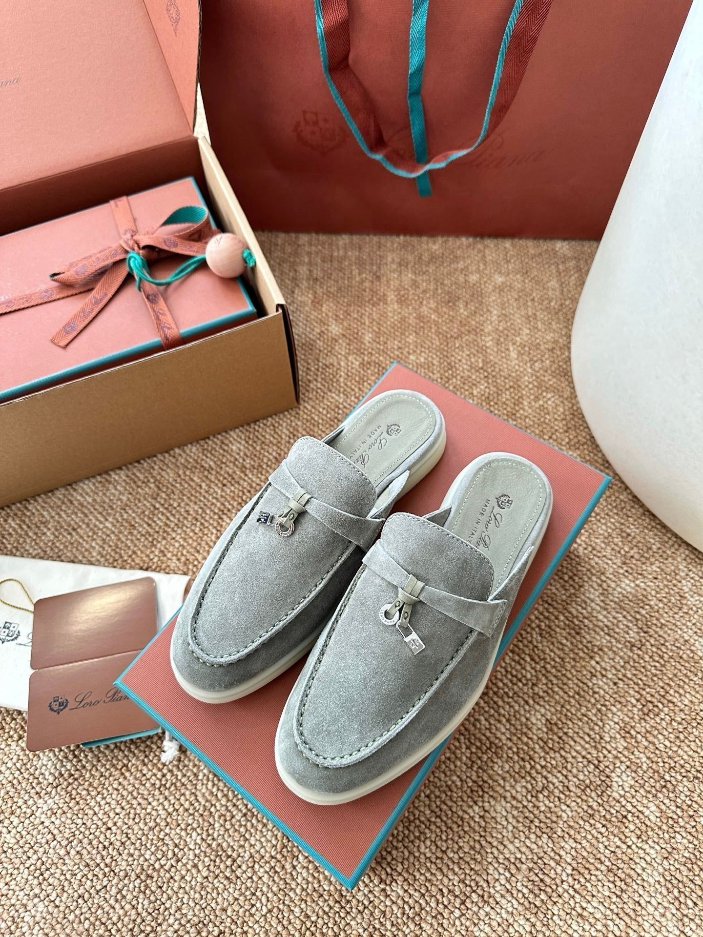 Loro Piana Charms Walk Flat Mules Gray-Green Suede 623552