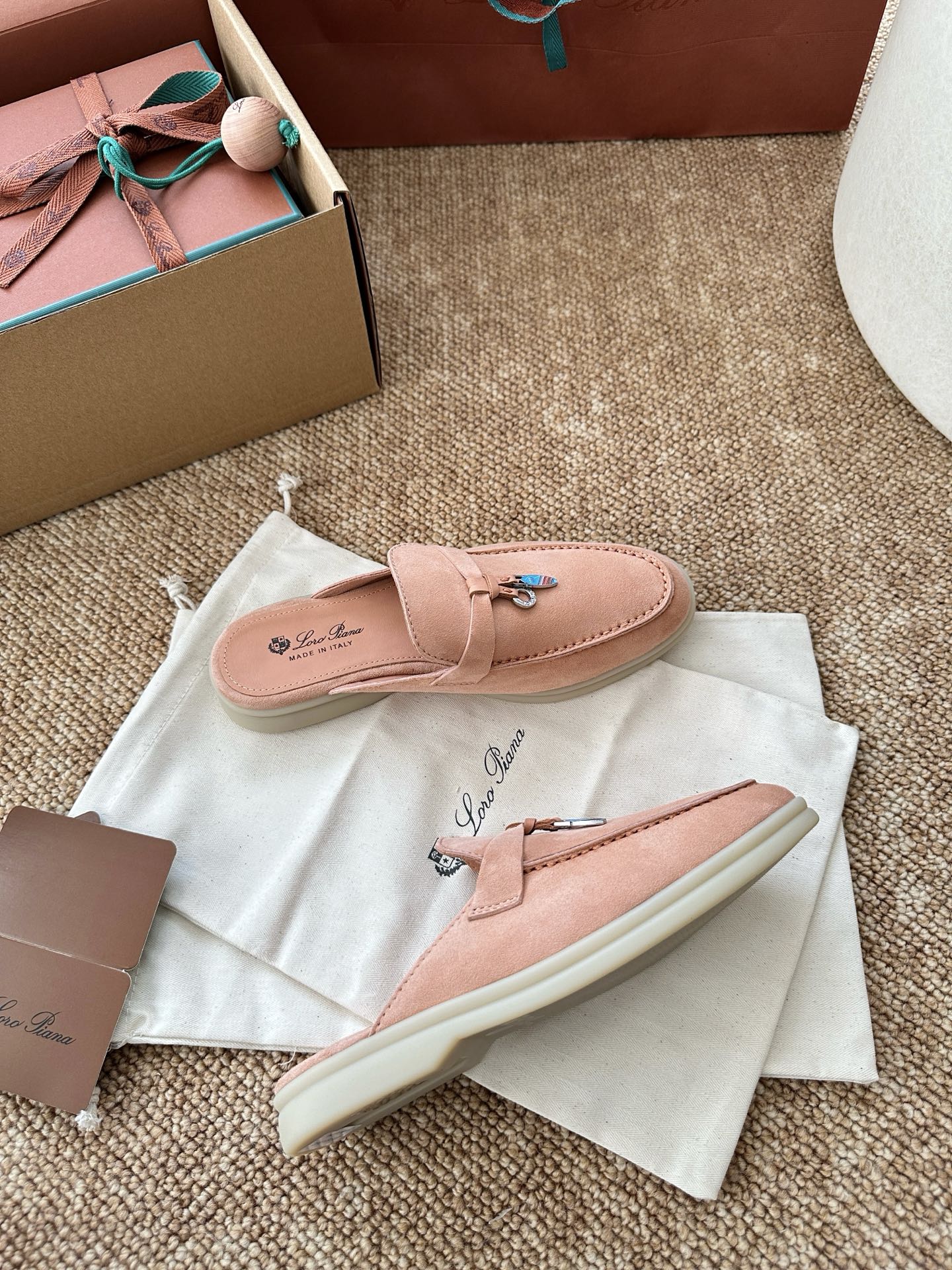 Loro Piana Charms Walk Flat Mules Himalayan Salt Suede 623554