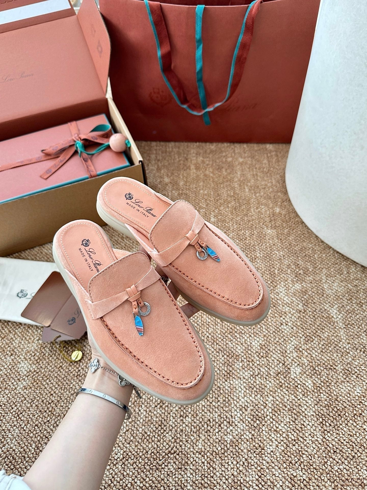 Loro Piana Charms Walk Flat Mules Himalayan Salt Suede 623554