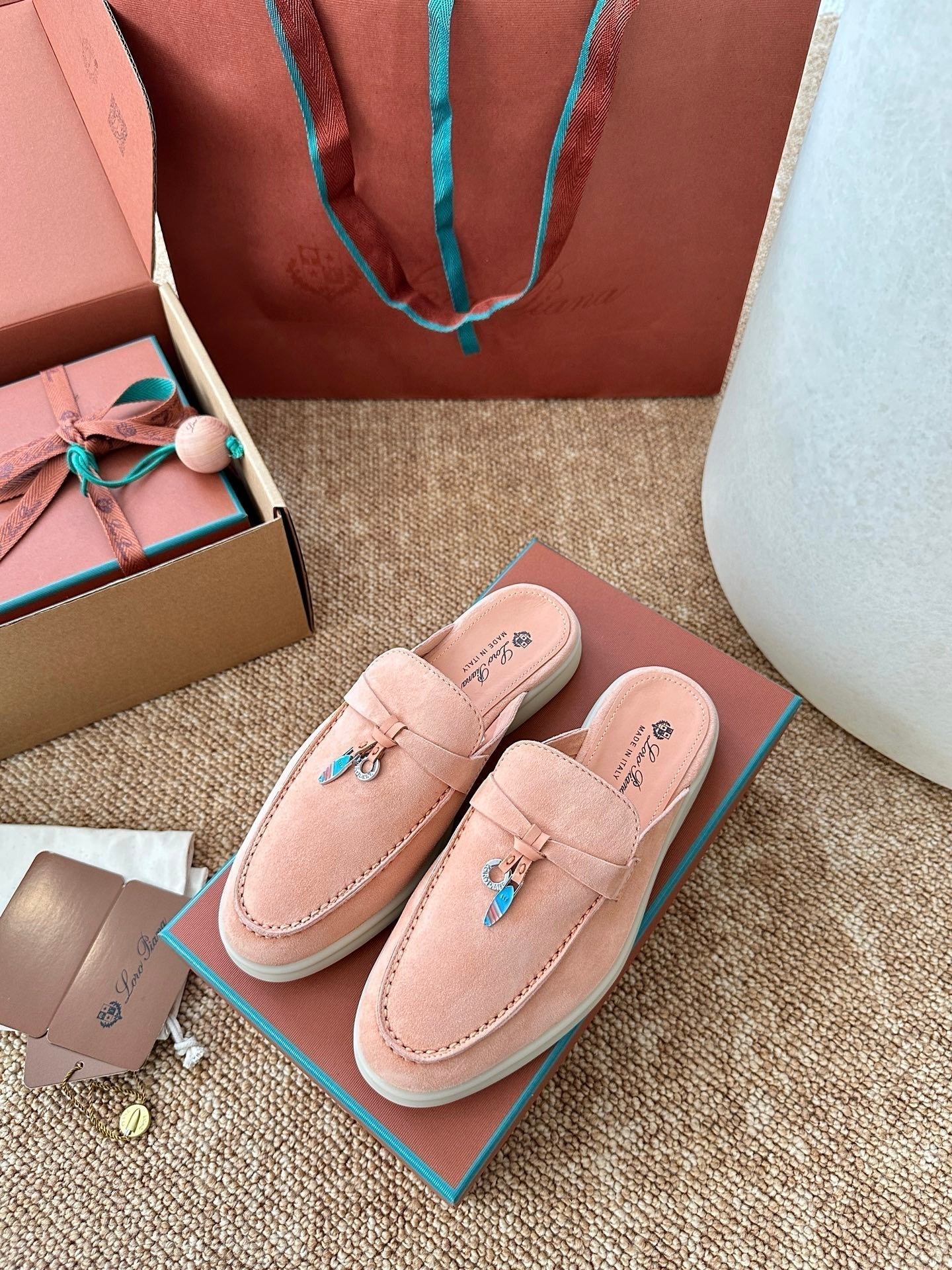 Loro Piana Charms Walk Flat Mules Himalayan Salt Suede 623554